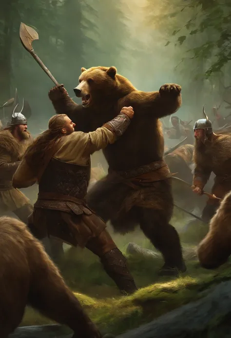 vikings fighting against a bear in a florest