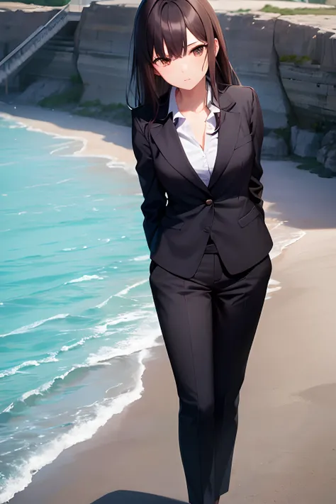 1girl, suit, beach, office lady, black pants, black blazer, brown hair, long hair, teenager, full body,