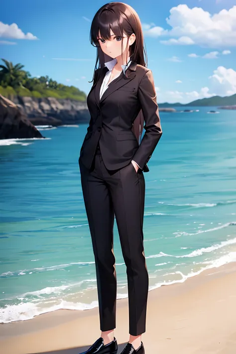 1girl, suit, beach, office lady, black pants, black blazer, brown hair, long hair, teenager, full body,