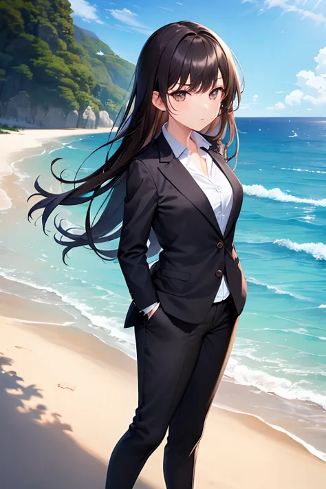 1girl, suit, beach, office lady, black pants, black blazer, brown hair, long hair, teenager, full body,