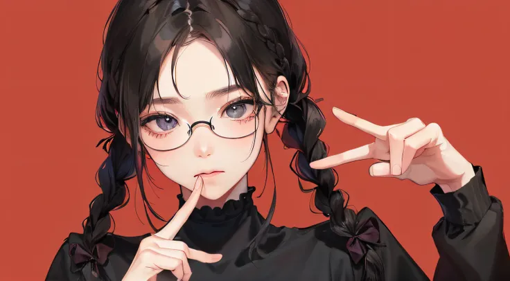 (((1人の女性)))、(Top resolution、Distinct_image) best qualtiy、((Red background)))、(((With your fingers in front of your mouth×))),ighly detailed、Semi-realistic、Black hair、eye glass、Braided hairstyle、deadpan、bangss、20yr old、年轻、((Black shirt))、delicated facial fe...