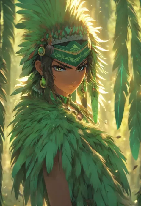 ((( green feathers))) best quality, very high resolution, detailed CG in 4K, masterpiece, Ceuci, Indigenous woman, green feathers, amazon brazil, rivers, indigenous, indigenous tribes, indigenous city, forest, aesthetics, beautiful image , centered on scre...