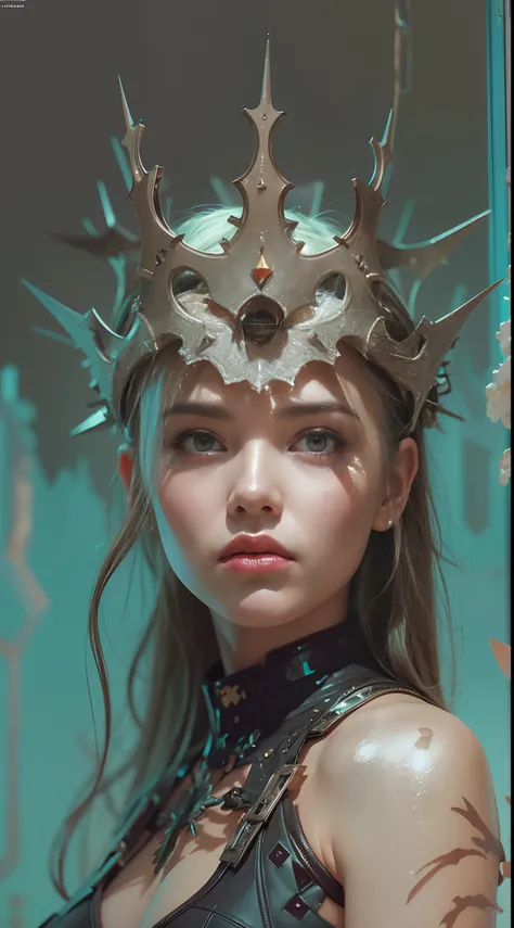 portrait of cute goth maiden girl with crown of thorns in cyber bikini armor, warhammer, cyberpunk, by atey ghailan, by greg rutkowski, by greg tocchini, by james gilleard, by joe fenton, by kaethe butcher, dynamic lighting, gradient light blue, brown, blo...