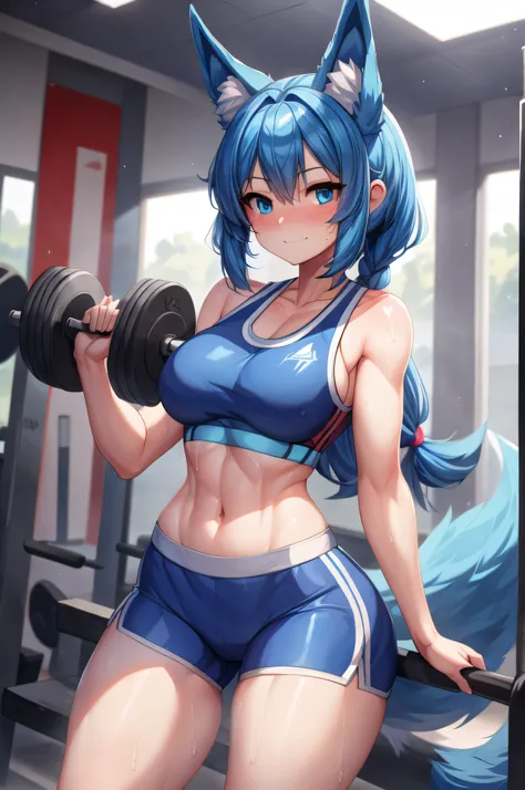 (Masterpiece) (High Detail) (High Res) A short humanoid girl with pale human skin and blue eyes and long blue hair and blue dog ears and a fluffy dog tail and average breasts is wearing a Sports Bra and Short tight shorts and is looking a little red faced ...