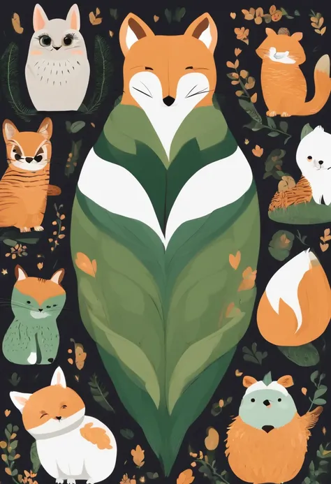 （Cartoon critters），adolable，（Sticker screen），Distributed typesetting，（Sticker style），Flat style，Rich in color，（Small animals）（With white edges），cute illustration，flatillustration，paper cut out，Dark green background，multi-detail，k hd