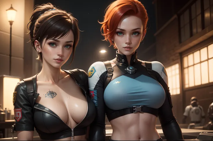 gwen tennyson,tracer,jill valentine, rebecca chambers,overwatch,resident evil,close up,mecha pilot,body paint, haunted mansion,tattoos,blue and gray plugsuit,white short sleeve silk top,steel cargo pants,uncovered belly, short hair,cute makeup,green eyes, ...