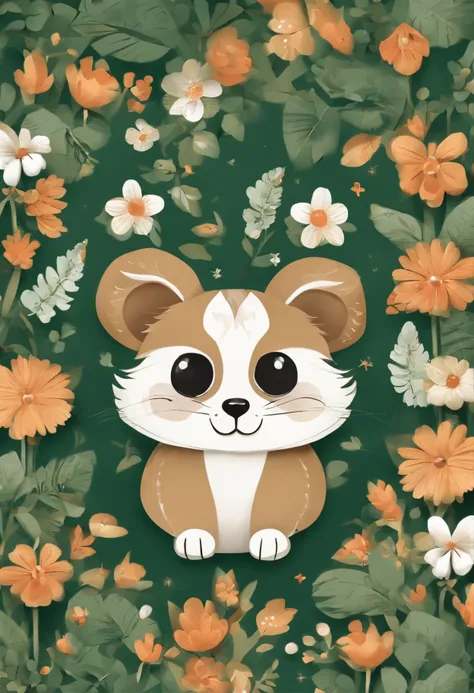 （Cartoon critters），adolable，（Sticker screen），Distributed typesetting，（Sticker style），Flat style，Rich in color，（Small animals）（With white edges），cute illustration，flatillustration，paper cut out，Dark green background，multi-detail，k hd