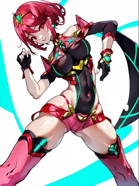 pyra (xenoblade), teen_1girl, loli, bangs, black gloves, breasts, red eyes, shout, earrings, eyelashes, fingerless gloves, floating hair, , gem, gloves, hair ornament, headpiece, jewelry, gigantic_breasts, leaning back, swimsuit, neon trim, official art, p...