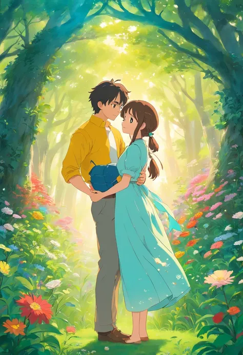 the romance between a young couple immersed in the beauty of nature. Detailed digital art and exquisite painting techniques bring their love story to life. The stunning floral background features a delicate gradient that adds depth and allure.