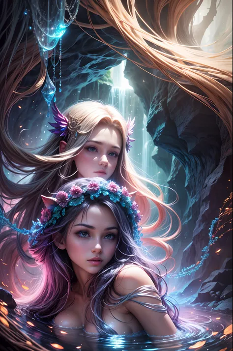 "In the heart of the Cave of Wonders, a girl with flowing hair explores the breathtaking underground grotto. She is surrounded by enormous, glistening gemstones, their vivid colors casting a magical allure. The play of light and shadows adds depth and myst...