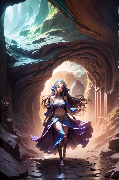 "In the heart of the Cave of Wonders, a girl with flowing hair explores the breathtaking underground grotto. She is surrounded by enormous, glistening gemstones, their vivid colors casting a magical allure. The play of light and shadows adds depth and myst...