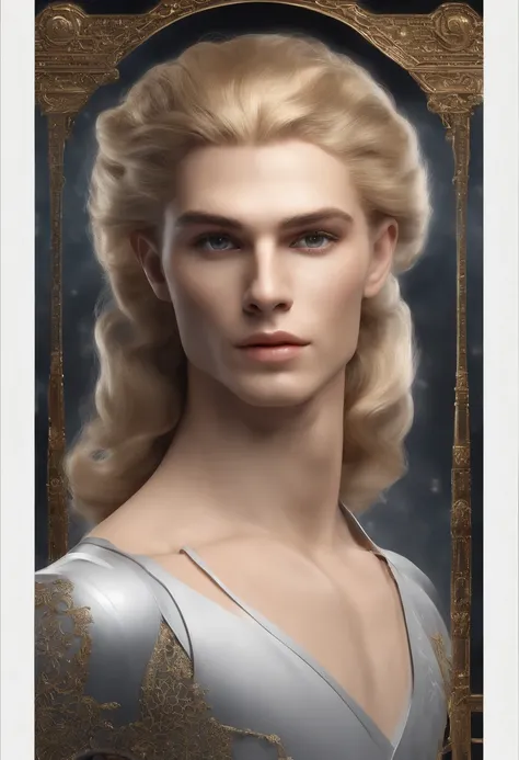 A young man in a golden tights，sense of science and technology，Ultra-clear bust，Neutral in appearance，hermaphroditism，The most attractive face in the world，blond hairbl，Europe，Three-dimensional facial features，詳細な目，Soft lips，Planets floating in outer space...