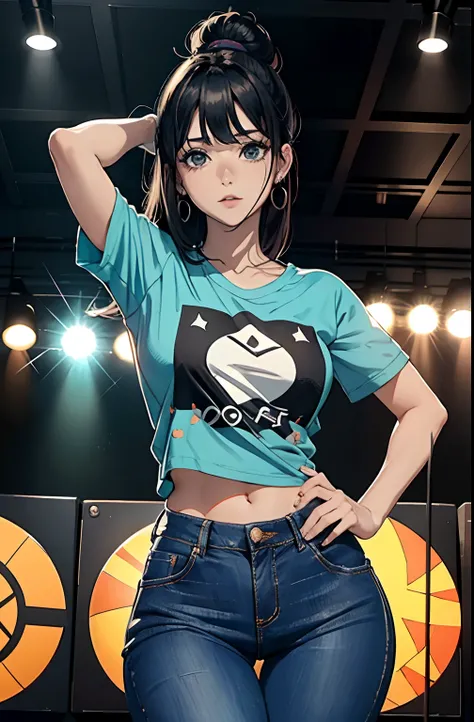 (Hinata Hyuga, muito sensual, com roupas apertadas, bunda grande, pernas grossas, Wearing extremely tight jeans, usando uma mini blusa, umbigo com pirsing, cabelo grande, Speaker behind, muito realista, extremamente sexy, 8k, 8k extremamente detalhado), (u...