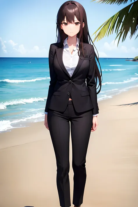 1girl, suit, beach, office lady, black pants, black blazer, brown hair, long hair, teenager, full body,