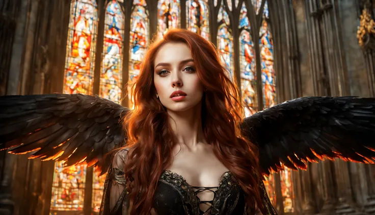 Generate a realistic photograph of an attractive and provocative fallen angel, with long, flowing auburn hair, an angelic expression, a mystical aura, a slight smile, large and majestic black and red wings, a seductive and alluring pose, looking at the cam...