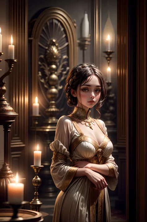 "Photograph capturing a girl in wooden garments, her presence exuding an air of sophistication within an opulent Art Deco room, bathed in the gentle, flickering light of candles. The composition effectively conveys the vintage and artistic ambiance of the ...