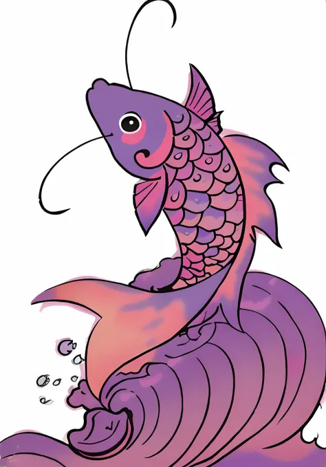 Cartoon fish with purple tail and pink fins on waves, a purple fish, purple mullet, ( ( ( koi colors ) ) ), full color digital illustration, full-colour illustration, Fish tail, Colorful fish, mizutsune, inspired by Kameda Bōsai, colorful illustrations, co...