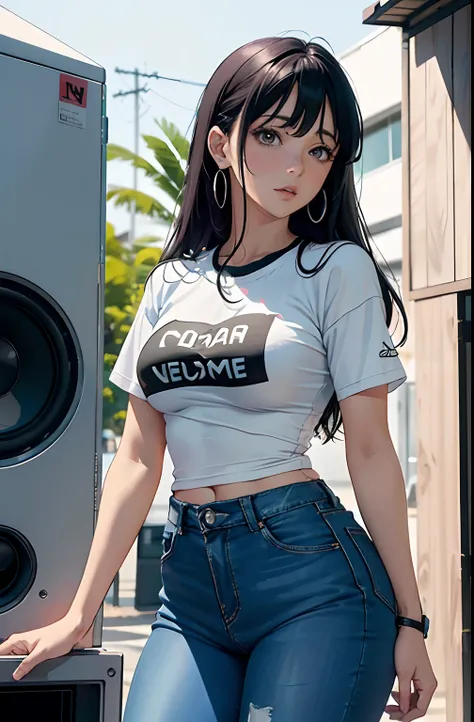 (Hinata Hyuga, muito sensual, com roupas apertadas, bunda grande, pernas grossas, Wearing extremely tight jeans, usando uma mini blusa, umbigo com pirsing, cabelo grande, Speaker behind, muito realista, extremamente sexy, 8k, 8k extremamente detalhado), (u...