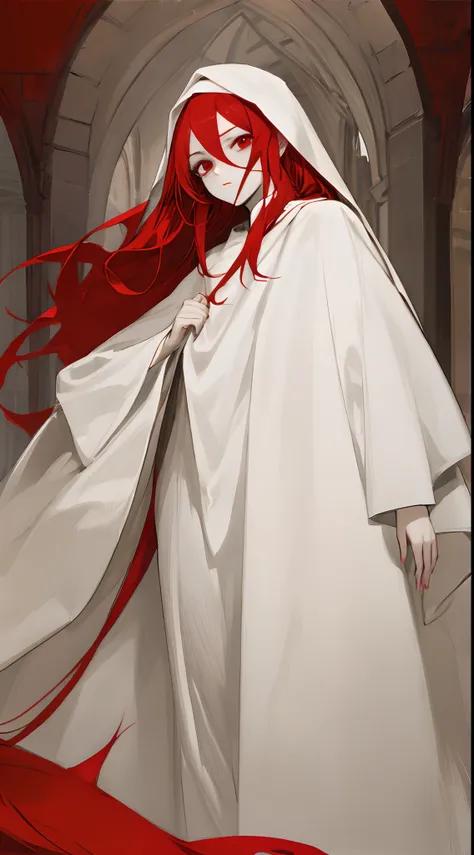 Long straight fire red hair, red eyes, very faint reddish eye bags in both corners of the eyes, sickly pale skin, skinny face, vampirism look, medieval dress