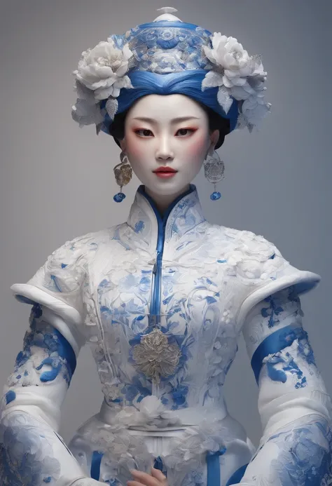 Blue and white porcelain,Ceramic Chinese style doll，Ancient clothes，femele，Embossed petals on the body，artwork of a，Ornaments， high detail,3D， Chiaroscuro, Cinematic lighting, god light, Cinematic lighting, hyper HD, High details, Best quality, A high reso...