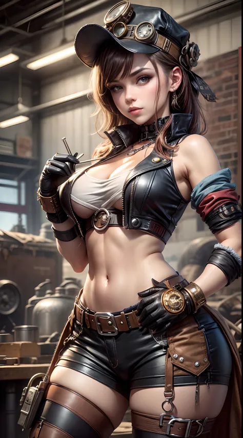 "Steampunk mechanic girl, edgy leather attire, baring midriff, industrial aesthetics, grungy workshop"