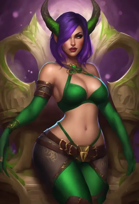 Тиранда из World of warcraft, Stockings, sexy body, Thick body, tetas grandes, Fat, dark Purple Skin, short green hair