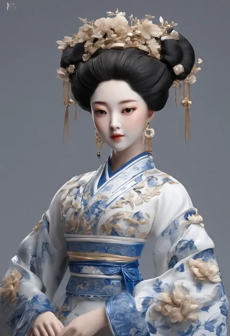 Blue and white porcelain,Ceramic material: Chinese style Tang Dynasty female doll，Ancient clothes，Embossed flowers on the body，artwork of a，Ornaments， high detail,3D， Chiaroscuro, Cinematic lighting, god light, Cinematic lighting, hyper HD, High details, B...