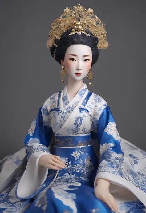 Blue and white porcelain,Ceramic material: Chinese style Tang Dynasty female doll，Ancient clothes，Embossed flowers on the body，artwork of a，Ornaments， high detail,3D， Chiaroscuro, Cinematic lighting, god light, Cinematic lighting, hyper HD, High details, B...