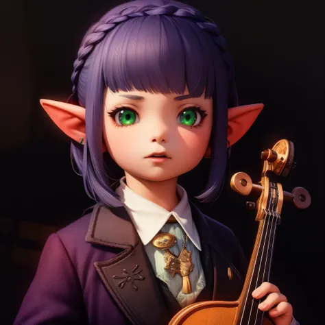 masterpiece, mogi-style, complex lighting, solo focus, female, lalafell, childish, big vibrant green eyes, pointy ears, dark pur...