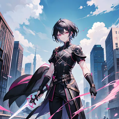 Black colored hair，short detailed hair，male people，Libido boy，Handsome， Pink eyes，Sword in hand，Blackn clothes，All body，Standing on the ground，Background city Blue sky and white clouds，science fantasy