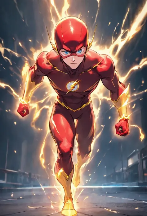 the flash in action, mcu, running pose, ultra detail, 8k, Jim Lees Artstyle, DC comics, seen from the front, cold face, hunk, tall