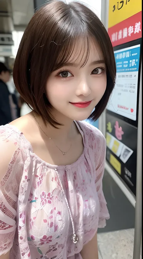 masutepiece, Best Quality, Illustration, Ultra-detailed, finely detail, hight resolution, 8K Wallpaper, Perfect dynamic composition, Beautiful detailed eyes, Womens Fashion Summer,Short bob hair,Natural Color Lip, Bold sexy poses,Smile,Harajuku、Subway Sign...