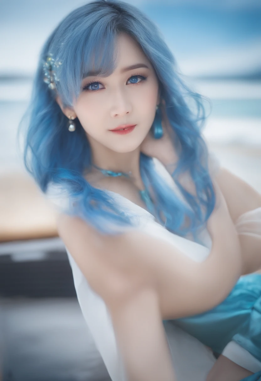 masutepiece、Best Quality、Illustration、 ultra-detailliert、hight resolution、8k Wallpapers、Perfect dynamic composition,、Beautiful detailed blue eyes、sea、Medium blue hair、(Beautiful Large Breasts:1.3)、Natural Color Lip、Bold sexy poses、Smile、Harajuku、20 years g...