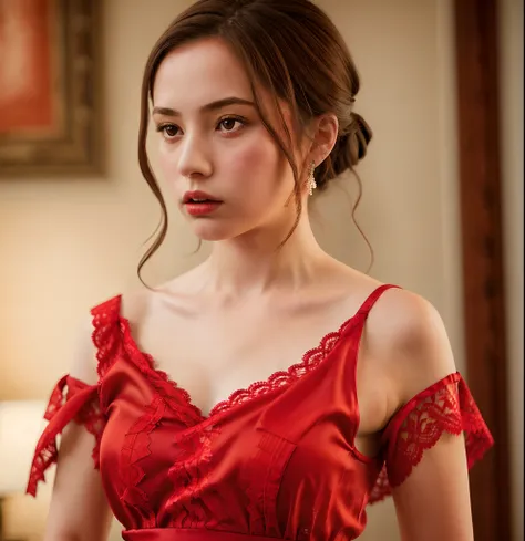 1 girl, solo, she is wearing a red silk lace dress, super realistic, HDR, 8k