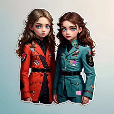 (sticker:1.8)，White border of the sticker，teens girl，White and red military uniform，Futuristic military uniform with minimalist design，brunette color hair，blue color eyes，glowing light eyes，Pale color background