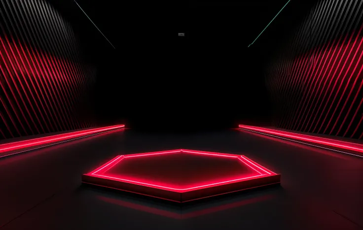 a red neon light shines in a dark room with a hexagonal floor, red neon lights inside it, red neon light, red neon lights, octagon render 8k, neon lights in background, neon-noir background, arena background, neon background lighting, volumetric lighting. ...