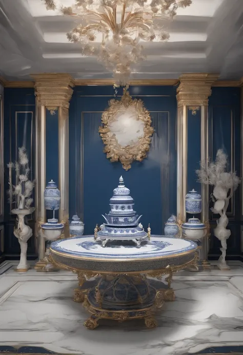 Blue and white porcelain,A palace made of ceramics，Miniatures，On a table，Three-dimensional relief artwork，Ornaments， high detail,3D， Chiaroscuro, Cinematic lighting, god light, Cinematic lighting, hyper HD, High details, Best quality, A high resolution, Te...