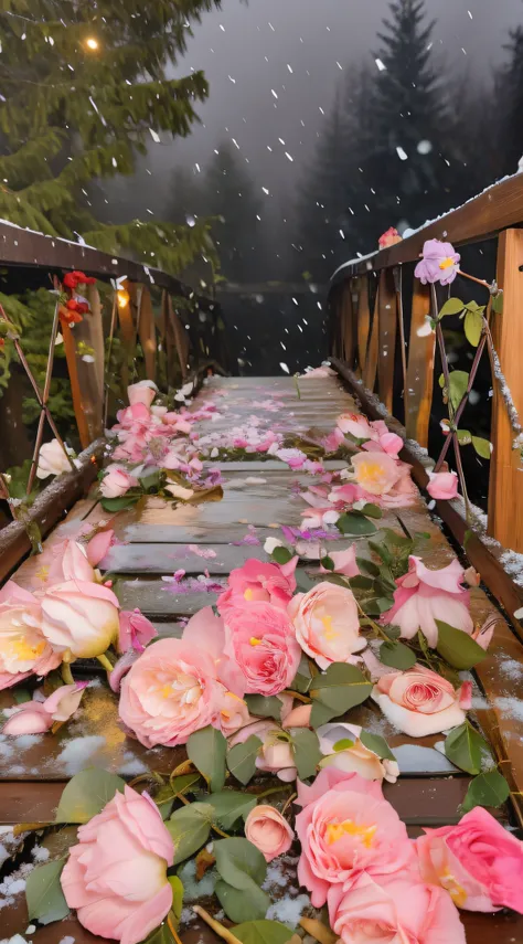 Flowers are placed on the ground next to the wooden bridge, Everywhere petals are falling, with frozen flowers around her, with petals falling, flowers sea rainning everywhere, flowers rain everywhere, during snowfall, blossoming path to heaven, at evening...