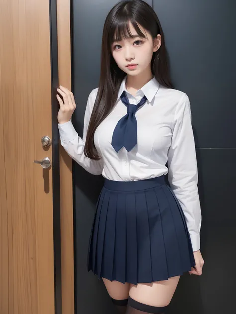 student clothes、high-school uniform、Dark blue pleated skirt、large full breasts