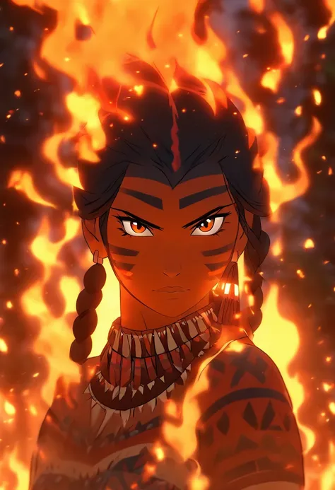 (((indigenous woman on fire))) best quality, very high resolution, detailed CG in 4K, masterpiece, indigenous woman, amazon brazil, rivers, indigenous, indigenous tribes, indigenous city, forest, aesthetics, beautiful image, centered on screen, full body