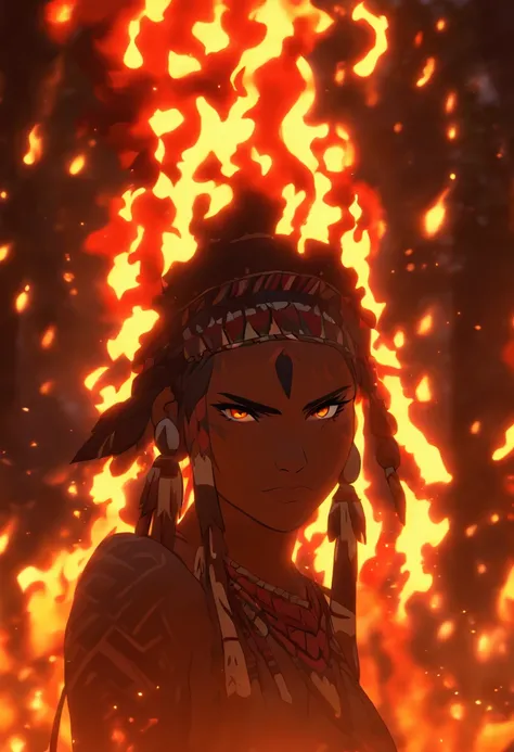 (((indigenous woman on fire))) best quality, very high resolution, detailed CG in 4K, masterpiece, indigenous woman, amazon brazil, rivers, indigenous, indigenous tribes, indigenous city, forest, aesthetics, beautiful image, centered on screen, full body