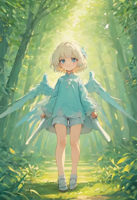 （Rori，white color hair，toddlers，Blue eyes，Libido Girl，A girl child）Dragons horn，adolable， standing on your feet， Master masterpieces， hight resolution，8K，detailedbackground，hightquality，独奏，short trousers，grass field，white blossoms，leaves falling，云，evening ...