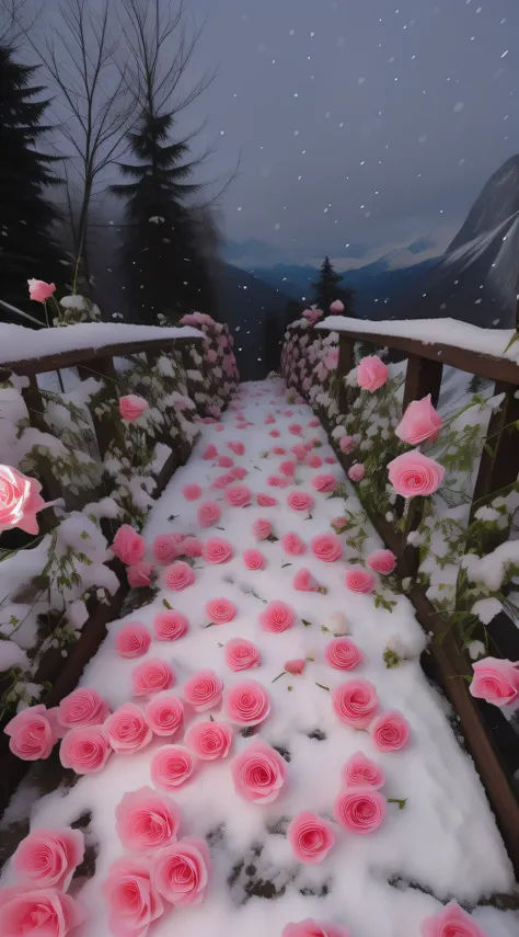 There are a lot of pink roses on the snow, 🌺 CGSesociety, with frozen flowers around her, Beautiful and aesthetic, roses in cinematic light, 8K)), Everywhere petals are falling, dreamy aesthetic, blossoming path to heaven, nature and floral aesthetics, Mag...