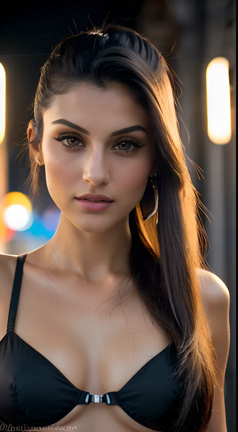 little Amyra Dastur, (taking selfies, Overhead view: 1,4), (straight half of the torso: 1,4), Portrait photo of a 24-year-old blonde in RAW UHD format (Blue-eyed woman), pigtails, Haircut for a boy , Walk down the dark alley, natutal breasts_b, night city,...