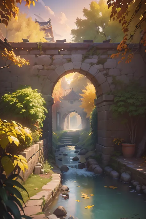 (Autumn landscape, the setting sun, small bridges, flowingwater, Small courtyard, Small roads, The afterglow of the setting sun shines through the clouds, Fluttering yellow leaves,（A white horse looks down and grazes:1.1）, (The vista is an oblique view of ...