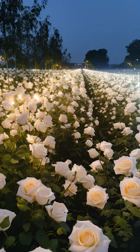 There are many white roses in a flower field, field of flowers at night, Glowing flowers, an aesthetic field of flowers, lights with bloom, Luminous flowers, flower  field, beautiful flowers growing, soft bloom lighting, soft white glow, roses in cinematic...