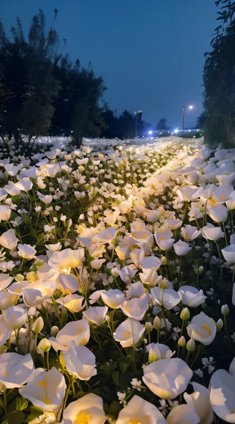 There are many white flowers in the fields with lights on, field of flowers at night, Glowing flowers, lights with bloom, an aesthetic field of flowers, soft white glow, beautiful flowers growing, Beautiful and aesthetic, very beautiful photograph of, flow...