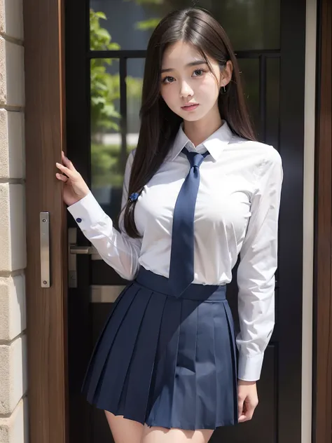 student clothes、high-school uniform、Dark blue pleated skirt、large full breasts:1.5