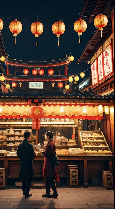 environment picture, wide-shot, ancient chinese marketplace, food stalls, people in hangfu, lively, intricate, beautiful, elegant, majestic, 8k uhd, hyper detailed, high quality, best quality.