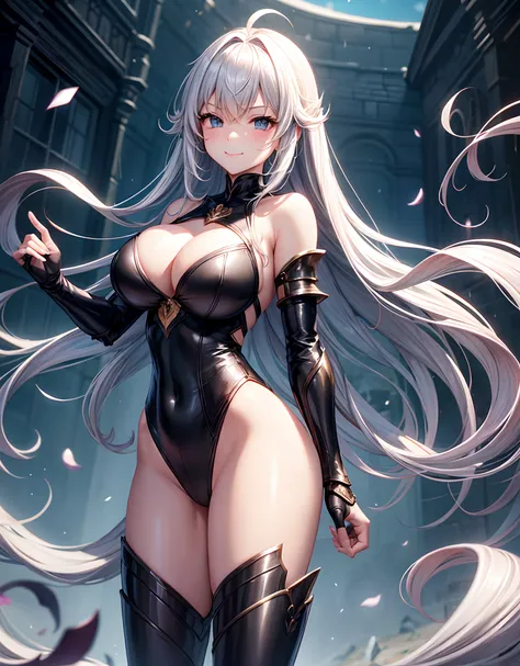 Woman knight、a beauty girl、huge tit、Excellent style、Nice Buddy、glamorous、Black leotard armor、gauntlets、greave、hair adornments、silber hair、Longhaire、Ahoge、cleavage of the breast、Exposure、is standing、full body seen、a smile、outside of house、nigh sky、the hair ...